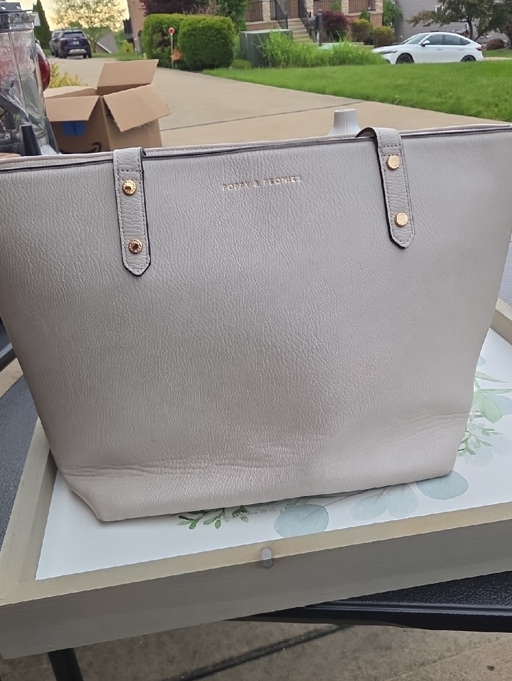 Poppy & Peonies Light Gray Structured Tote with Gold Hardware